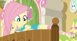 Size: 635x342 | Tagged: safe, derpibooru import, screencap, angel bunny, fluttershy, do it for the ponygram!, equestria girls, equestria girls series, spoiler:eqg series (season 2), bed, book, cropped, cute, fluttershy's bedroom, geode of fauna, image, magical geodes, png, reading, sandals, shyabetes