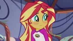 Size: 1920x1080 | Tagged: safe, derpibooru import, edit, edited screencap, editor:mycarhasamoustache, screencap, sunset shimmer, equestria girls, legend of everfree, blushing, camp everfree outfits, cropped, female, image, png, smile edit, solo