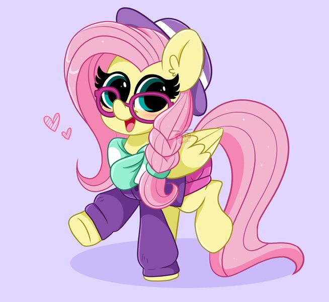 Size: 4096x3755 | Tagged: safe, artist:kittyrosie, derpibooru import, fluttershy, pegasus, pony, alternate hairstyle, blushing, clothes, cute, ear fluff, female, glasses, hat, heart, hipstershy, image, jpeg, looking at you, mare, open mouth, raised hoof, raised leg, scarf, shorts, shyabetes, smiling, smiling at you, solo, sweater, woke