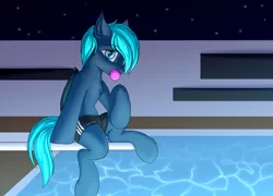 Size: 3125x2250 | Tagged: safe, artist:snowstormbat, derpibooru import, oc, oc:guttatus, bat pony, pony, chewing gum, clothes, image, looking at you, male, png, sitting, solo, stallion, swimming pool, swimming trunks, swimsuit, water
