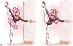 Size: 3600x2271 | Tagged: safe, artist:king-kakapo, derpibooru import, fluttershy, human, ballerina, ballet slippers, breasts, busty fluttershy, cleavage, clothes, cute, female, humanized, image, leg in air, leotard, lifted leg, one eye closed, pantyhose, png, shyabetes, skirt, solo, standing splits, stretching, tutu