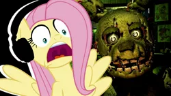 Size: 1366x768 | Tagged: safe, artist:vannamelon, derpibooru import, fluttershy, pegasus, pony, five nights at freddy's, headphones, image, jpeg, reaction, reaction image, scared, video game