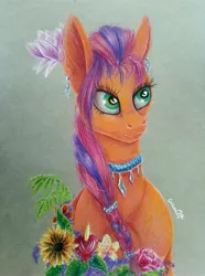 Size: 2988x4013 | Tagged: safe, artist:cahandariella, derpibooru import, sunny starscout, earth pony, pony, coloured pencil, flower, flower in hair, g5, image, jewelry, jpeg, magnolia, solo, traditional art