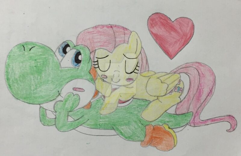 Size: 1280x829 | Tagged: safe, artist:justinvaldecanas, derpibooru import, fluttershy, yoshi, blushing, blush sticker, crossover, crossover shipping, deviantart watermark, female, flutteryoshi, heart, image, jpeg, male, obtrusive watermark, shipping, simple background, straight, super mario bros., traditional art, watermark, white background