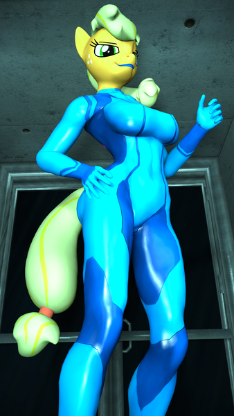 Size: 2160x3840 | Tagged: suggestive, artist:kevhon, derpibooru import, applejack, anthro, 3d, applesamus, breasts, busty applejack, crossover, female, hand on hip, image, lipstick, metroid, nintendo, png, pose, sexy, smiling, solo, solo female, source filmmaker, stupid sexy applejack, zero suit