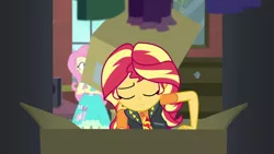 Size: 1920x1080 | Tagged: safe, derpibooru import, screencap, fluttershy, sunset shimmer, costume conundrum, costume conundrum: sunset shimmer, equestria girls, equestria girls series, spoiler:eqg series (season 2), eyes closed, female, geode of empathy, image, magical geodes, png