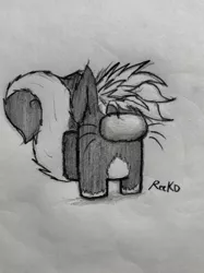 Size: 617x823 | Tagged: safe, artist:reekosukanku, derpibooru import, oc, oc:reeko, unofficial characters only, skunk, among us, barely pony related, black and white, crewmate, crewsona, fanart, grayscale, image, monochrome, pencil drawing, png, skunk tail, traditional art