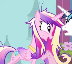 Size: 1258x1125 | Tagged: safe, derpibooru import, screencap, princess cadance, shining armor, alicorn, pony, a canterlot wedding, cropped, cute, cutedance, dirty, female, image, mare, messy mane, open mouth, png, raised hoof, scratches, solo focus