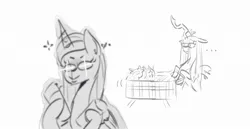 Size: 2091x1080 | Tagged: safe, artist:another_pony, derpibooru import, princess cadance, queen chrysalis, alicorn, changeling, changeling queen, pony, ..., bug spray, female, glowing eyes, grayscale, image, jpeg, mare, monochrome, princess of love, shopping cart, simple background, white background