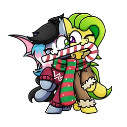 Size: 1240x1240 | Tagged: safe, artist:sugar morning, derpibooru import, oc, oc:bit assembly, oc:starskipper, unofficial characters only, bat pony, earth pony, candy, candy cane, clothes, cute, food, image, jacket, oc x oc, png, scarf, shared clothing, shared scarf, shipping, simple background, squishy cheeks, sweater, transparent background