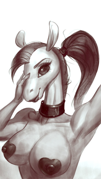 Size: 453x800 | Tagged: questionable, artist:oneofyouare, derpibooru import, oc, oc:erra, unofficial characters only, anthro, horse, areola, bare shoulders, breasts, clavicle, collar, erect nipples, female, grayscale, hand on face, heart areola, image, jpeg, lowres, makeup, monochrome, nipple outline, nipples, nudity, pasties, selfie, sketch, solo, solo female