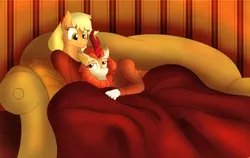 Size: 2850x1800 | Tagged: safe, artist:sixes&sevens, derpibooru import, applejack, autumn blaze, anthro, autumnjack, blanket, couch, female, image, lesbian, pillow, png, shipping, snuggling