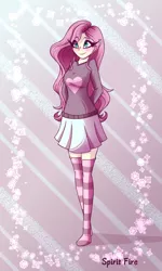 Size: 1200x2000 | Tagged: safe, artist:spirit-fire360, derpibooru import, fluttershy, human, arm behind back, blushing, clothes, cute, eyebrows visible through hair, eye clipping through hair, eyelashes, female, hands behind back, heart, humanized, image, png, shyabetes, skirt, socks, stocking feet, stockings, striped socks, thigh highs, zettai ryouiki