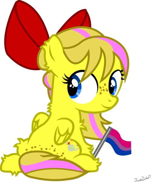Size: 1762x2094 | Tagged: safe, artist:thunderdasher07, derpibooru import, oc, oc:mist dasher, pony, bisexual pride flag, bow, female, filly, freckles, hair bow, happy birthday mlp:fim, image, mlp fim's tenth anniversary, png, pride, pride flag, simple background, solo, transparent background