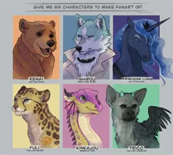 Size: 2048x1831 | Tagged: safe, artist:satzzzs, derpibooru import, princess luna, alicorn, anthro, bear, cheetah, dragon, pony, wolf, six fanarts, anthro with ponies, barely pony related, bna: brand new animal, brother bear, bust, choker, clothes, crossover, ear fluff, ethereal mane, eyelashes, female, fuli, furry, hoers, horn, horns, image, jewelry, jpeg, kenai, male, mare, open mouth, peytral, shirou ogami, smiling, starry mane, the last guardian, the lion guard, tiara, trico, wings, wings of fire (book series)