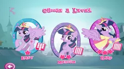 Size: 1280x719 | Tagged: safe, derpibooru import, official, twilight sparkle, twilight sparkle (alicorn), alicorn, pony, magical mystery cure, big crown thingy, clones, clothes, coronation dress, dress, element of magic, game, gameloft, hasbro, image, jewelry, jpeg, looking at you, memory match, regalia, site, smiling, solo