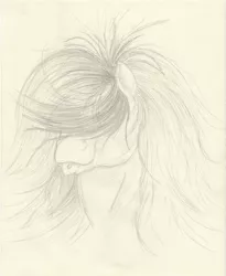 Size: 2191x2675 | Tagged: safe, artist:lady-limule, derpibooru import, oc, unofficial characters only, earth pony, pony, :p, bust, earth pony oc, female, hair over eyes, image, jpeg, mare, messy mane, monochrome, solo, tongue out, traditional art