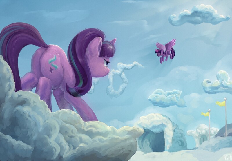 Size: 1280x888 | Tagged: safe, artist:hirichie, derpibooru import, starlight glimmer, twilight sparkle, twilight sparkle (alicorn), alicorn, pony, unicorn, the cutie re-mark, butt, cloud, duo, female, flying, glimmer glutes, image, jpeg, mare, on a cloud, plot, scene interpretation