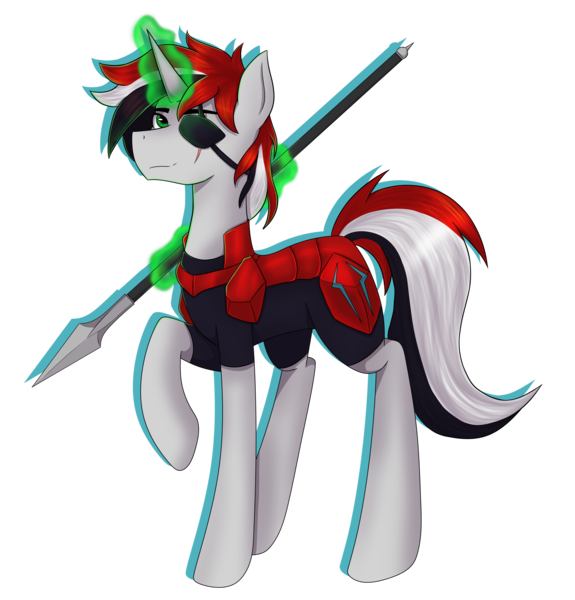 Size: 2876x3000 | Tagged: safe, artist:alicetriestodraw, derpibooru import, oc, unofficial characters only, pony, unicorn, armor, eyepatch, image, multicolored hair, one leg raised, png, simple background, solo, spear, standing, transparent background, weapon