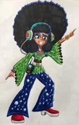 Size: 1024x1610 | Tagged: safe, artist:bozzerkazooers, derpibooru import, vinyl scratch, oc, oc:afromia, equestria girls, afro, disco, headset, image, jpeg, traditional art