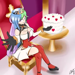 Size: 2000x2000 | Tagged: safe, artist:asajiopie01, derpibooru import, princess celestia, human, azur lane, breasts, cake, clothes, crown, food, gloves, humanized, image, jewelry, looking at you, png, regalia, sitting, throne, throne room