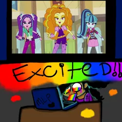 Size: 2048x2048 | Tagged: safe, artist:artmama113, derpibooru import, edit, edited screencap, screencap, adagio dazzle, aria blaze, sonata dusk, oc, human, equestria girls, rainbow rocks, clothes, computer, female, image, jpeg, laptop computer, puking rainbows, skirt, the dazzlings, vomit, vomiting, wingding eyes