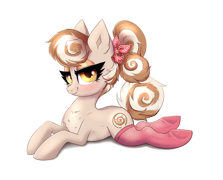 Size: 3400x2750 | Tagged: safe, artist:confetticakez, derpibooru import, oc, oc:cinnamon spangled, earth pony, pony, bandana, blushing, chest fluff, clothes, eyelashes, eyeshadow, female, image, lidded eyes, lying down, makeup, mare, png, ponytail, simple background, socks, solo, thigh highs, white background