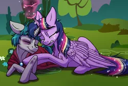 Size: 4384x2940 | Tagged: safe, artist:celestial-rainstorm, derpibooru import, stygian, twilight sparkle, twilight sparkle (alicorn), alicorn, pony, unicorn, black eye, crying, eyes closed, female, high res, image, jpeg, lying down, male, prone, sad, shipping, straight, twigian