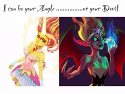 Size: 1024x768 | Tagged: safe, artist:raikoh, derpibooru import, sunset shimmer, equestria girls, equestria girls (movie), friendship games, big crown thingy, claws, clothes, crown, daydream shimmer, dress, element of magic, female, horn, i can be your angle or your devil, image, jewelry, jpeg, regalia, shoulderless, solo, sunset satan, wings