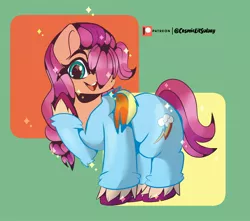 Size: 2048x1809 | Tagged: safe, artist:cosmiclitgalaxy, derpibooru import, sunny starscout, earth pony, pony, abstract background, braid, clothes, costume, cute, female, g5, image, in-universe pegasister, jpeg, kigurumi, looking at you, mare, open mouth, patreon, patreon logo, rainbow dash costume, raised hoof, signature, solo, sunnybetes, unshorn fetlocks
