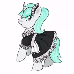 Size: 1000x1000 | Tagged: safe, artist:nine the divine, derpibooru import, oc, oc:nine the divine, unofficial characters only, pony, unicorn, clothes, crossdressing, dress, image, jpeg, looking back, maid, male, solo, stallion