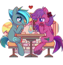 Size: 2480x2562 | Tagged: safe, artist:musicfirewind, derpibooru import, oc, oc:cyberwave, oc:superluminal, unofficial characters only, earth pony, pegasus, pony, blushing, colored wings, commission, drink, eyeshadow, flower, flower in hair, gay, glasses, gradient wings, heart, heart eyes, holiday, image, lidded eyes, looking at each other, makeup, male, png, rule 63, sharing a drink, shipping, simple background, sitting, stallion, stool, straw, table, transparent background, unshorn fetlocks, valentine's day, wingding eyes, wings, ych result