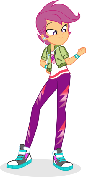 Size: 2033x4195 | Tagged: safe, artist:punzil504, derpibooru import, scootaloo, equestria girls, alternate hairstyle, clothes, clothes swap, converse, earbuds, female, image, jacket, leggings, older, older scootaloo, png, shirt, shoes, simple background, sneakers, solo, sweatband, t-shirt, tomboy, transparent background