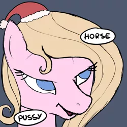 Size: 2480x2468 | Tagged: suggestive, artist:rasmustom, derpibooru import, edit, oc, oc:chuckles, unofficial characters only, pony, bedroom eyes, christmas, hat, holiday, horse pussy, image, meme, png, santa hat, solo