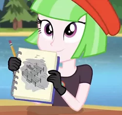 Size: 826x776 | Tagged: safe, derpibooru import, screencap, drama letter, watermelody, equestria girls, background human, beret, clothes, gloves, hat, image, jpeg, pencil, sketch, solo