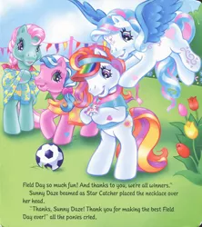 Size: 1280x1444 | Tagged: safe, artist:heckyeahponyscans, artist:lyn fletcher, derpibooru import, official, minty, star catcher, sunny daze (g3), sweet breeze, pony, beach towel, braid, charm, clothes, decoration, flower, flying, g3, image, jewelry, jpeg, looking, looking down, mini flags, necklace, pole, polo shirt, pony field day, ponytail, ribbon, scan, scrunchie, soccer ball (object), t-shirts, towel, tulip, tying, visor, wrapped up