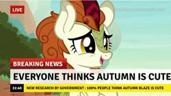 Size: 714x400 | Tagged: safe, derpibooru import, edit, edited screencap, screencap, autumn blaze, kirin, sounds of silence, awwtumn blaze, breaking news, break your own news, captain obvious, cute, happy, image, jpeg