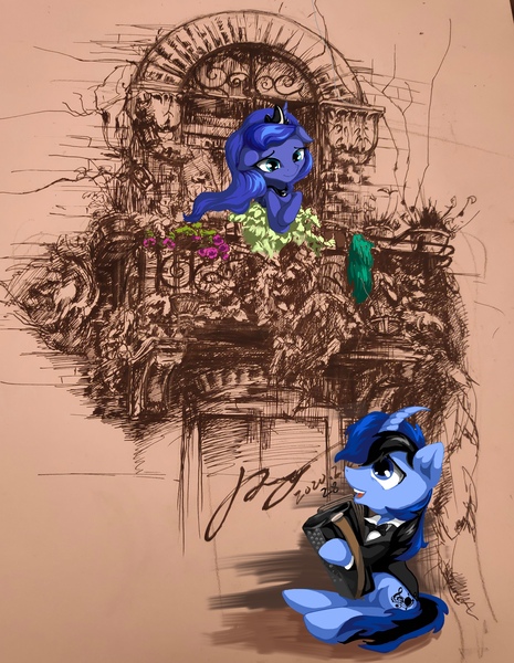 Size: 2179x2812 | Tagged: safe, artist:musical ray, derpibooru import, princess luna, oc, oc:ray, alicorn, pony, unicorn, accordion, balcony, carving, female, flower, image, jpeg, looking at each other, male, musical instrument, straight, traditional art
