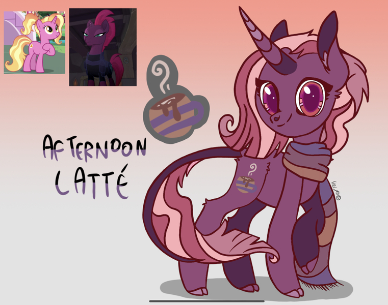 Size: 2116x1668 | Tagged: safe, artist:caramelbolt24, derpibooru import, luster dawn, tempest shadow, oc, oc:afternoon latte, classical unicorn, pony, unicorn, abstract background, clothes, cloven hooves, crack ship offspring, ear fluff, female, horn, image, jpeg, leonine tail, magical lesbian spawn, mare, offspring, parent:luster dawn, parent:tempest shadow, raised hoof, scarf, screencap reference, signature, smiling, unicorn oc, unshorn fetlocks