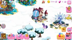 Size: 1280x720 | Tagged: safe, derpibooru import, screencap, seabreeze, tree of harmony, twilight sparkle, twilight sparkle (alicorn), alicorn, bat pony, breezie, vampire, vampire bat pony, vampony, gameloft, gem, image, jpeg, snow, tree, winter