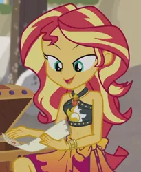 Size: 815x995 | Tagged: safe, derpibooru import, screencap, sunset shimmer, equestria girls, equestria girls series, x marks the spot, belly button, clothes, cropped, geode of empathy, image, magical geodes, png, sarong, sleeveless, solo
