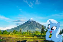 Size: 1000x667 | Tagged: safe, artist:f-4phantombrony, derpibooru import, trixie, pony, unicorn, cute, diatrixes, female, image, irl, jpeg, mare, mayon volcano, philippines, photo, ponies in real life, solo, volcano