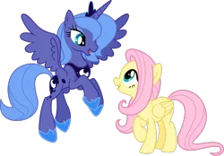 Size: 1613x1120 | Tagged: safe, artist:estories, artist:lunarangel, artist:sunran80, derpibooru import, edit, vector edit, fluttershy, princess luna, alicorn, pegasus, pony, cute, female, flying, happy, image, lesbian, looking down, looking up, lunabetes, lunashy, mare, open mouth, png, raised hoof, s1 luna, shipping, show accurate, shyabetes, simple background, smiling, transparent background, vector, wings
