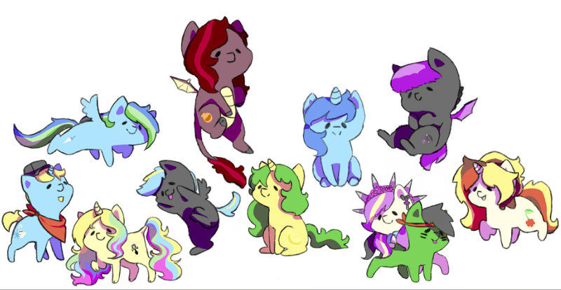 Size: 5580x2886 | Tagged: safe, artist:bubblegum, derpibooru import, oc, oc:acry weaver, oc:bright brave, oc:lemon breeze, oc:lula vieve, oc:scarlet serenade, oc:seafoam wake, earth pony, hybrid, pegasus, pony, canterlot avenue, chibi, female, group, group photo, image, male, mare, png, stallion