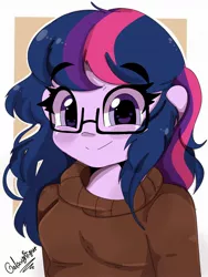 Size: 1440x1920 | Tagged: safe, artist:galaxynightt, derpibooru import, sci-twi, twilight sparkle, equestria girls, clothes, cute, glasses, image, jpeg, looking at you, smiling, solo, sweater, twiabetes