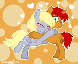 Size: 1657x1357 | Tagged: safe, artist:sakurainu2715, derpibooru import, derpy hooves, oc, oc:tick tock, pegasus, pony, unicorn, doctor whooves and assistant, canon x oc, female, hug, image, male, mare, png, shipping, stallion, straight