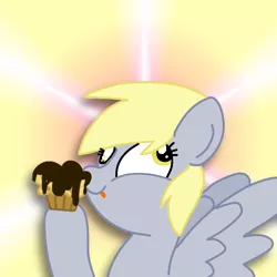Size: 768x768 | Tagged: safe, artist:crossovercartoons, derpibooru import, derpy hooves, pegasus, pony, abstract background, animated in description, chocolate, chocolate covered, cross-eyed, cute, derpabetes, derpy appreciation day, derpy day, derpy day 2021, digital art, food, gif in description, image, implied eating, muffin, png, solo, that pony sure does love muffins, tongue out