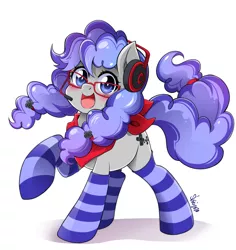 Size: 4608x4888 | Tagged: safe, artist:nekoshiei, derpibooru import, oc, oc:cinnabyte, unofficial characters only, earth pony, pony, adorkable, bandana, cinnabetes, clothes, commission, cute, dork, gaming headset, glasses, headphones, headset, image, jpeg, manga style, pigtails, simple background, smiling, socks, solo, striped socks, white background