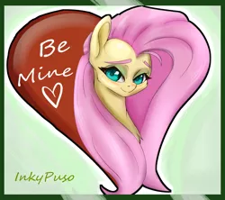 Size: 1280x1138 | Tagged: safe, artist:inkypuso, derpibooru import, fluttershy, pony, be mine, bushy brows, bust, chest fluff, cute, female, heart, holiday, image, looking at you, mare, outline, png, portrait, shyabetes, smiling, solo, stray strand, three quarter view, valentine's day, white outline
