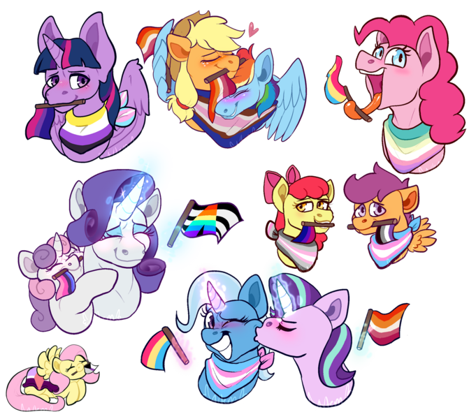 Size: 1280x1127 | Tagged: safe, artist:artwing74, derpibooru import, apple bloom, applejack, fluttershy, pinkie pie, rainbow dash, rarity, scootaloo, starlight glimmer, sweetie belle, trixie, twilight sparkle, twilight sparkle (alicorn), alicorn, appledash, asexual pride flag, bisexual pride flag, cutie mark crusaders, demigirl pride flag, demisexual pride flag, female, gender headcanon, headcanon, hug, image, kiss on the cheek, kissing, lesbian, lesbian pride flag, lgbt headcanon, long tongue, male, mane six, mouthpiece, nonbinary pride flag, omnisexual pride flag, pansexual pride flag, png, pride, pride flag, sexuality headcanon, shipping, siblings, simple background, sisters, startrix, straight ally flag, tomboy, tongue out, trans female, trans male, trans stallion scootaloo, trans trixie, transgender, transgender pride flag, transparent background